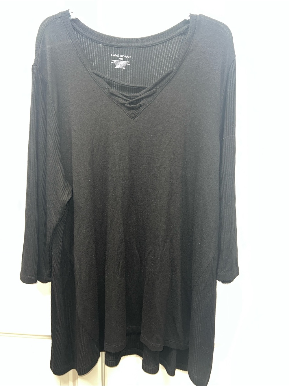Lane Bryant Black Ribbed Lattice V-Neck Long Sleeve Tunic Top Blouse 22/24